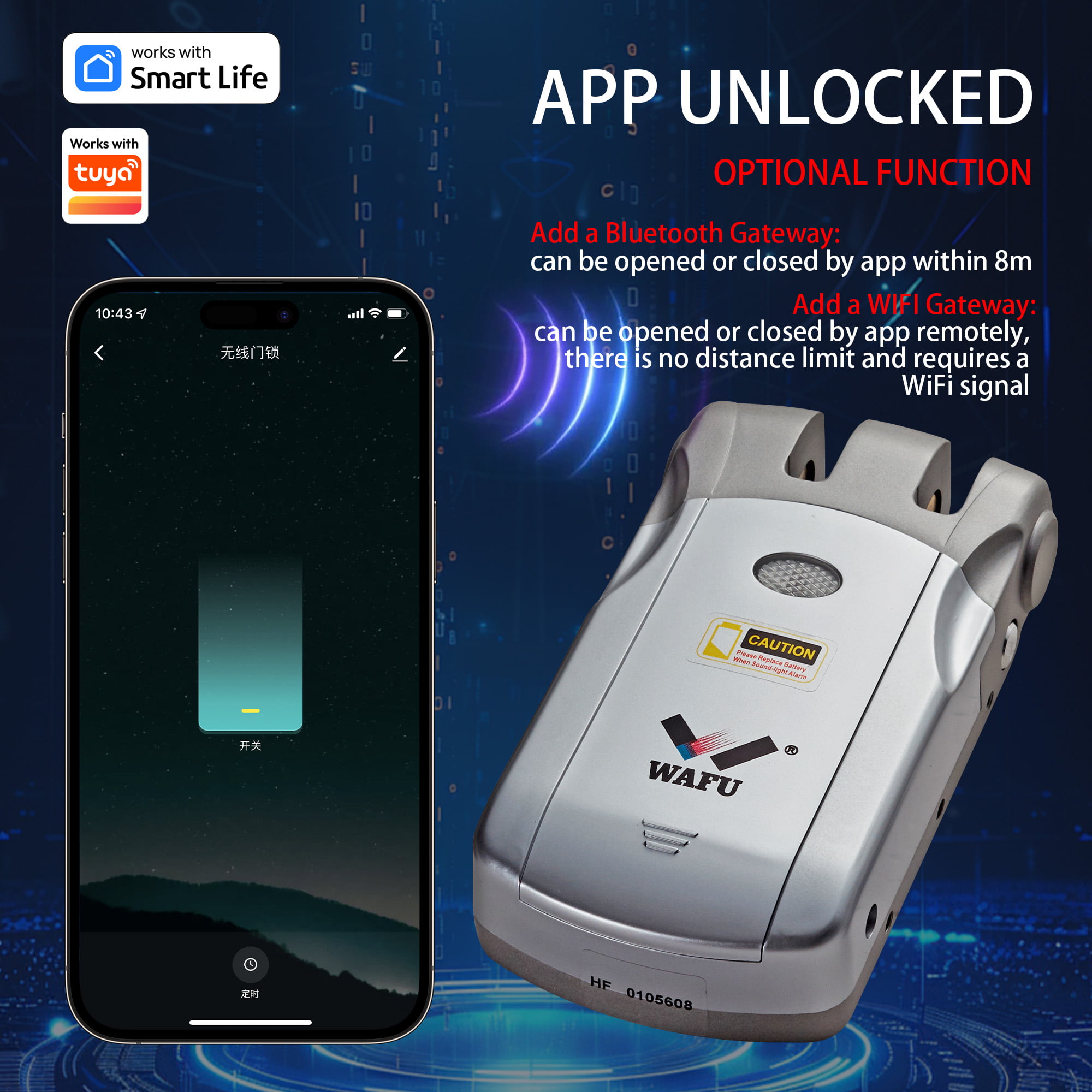 WF-019 поддерживает удалённую разблокировку через Tuya/Smart Life (Bluetooth/Wi-Fi)