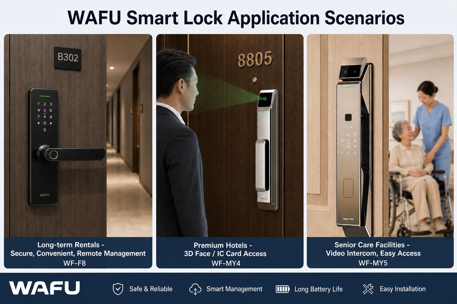 Сценарии применения умных замков WAFU: WF-F8 — долгосрочная аренда квартир, WF-MY4 — высококлассный отель, WF-MY5 — учреждение по уходу за пожилыми